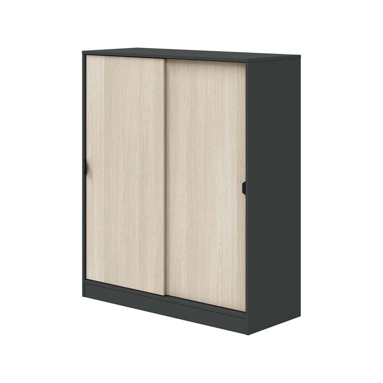 Guardaroba 2 Ante Nero Antracite Marrone Rovere 4 Ripiani 2 Ante 100x119h cm, Apertura Scorrevole - Resana