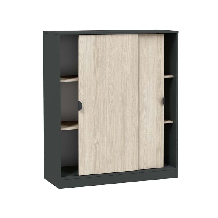 Guardaroba 2 Ante Nero Antracite Marrone Rovere 4 Ripiani 2 Ante 100x119h cm, Apertura Scorrevole - Resana