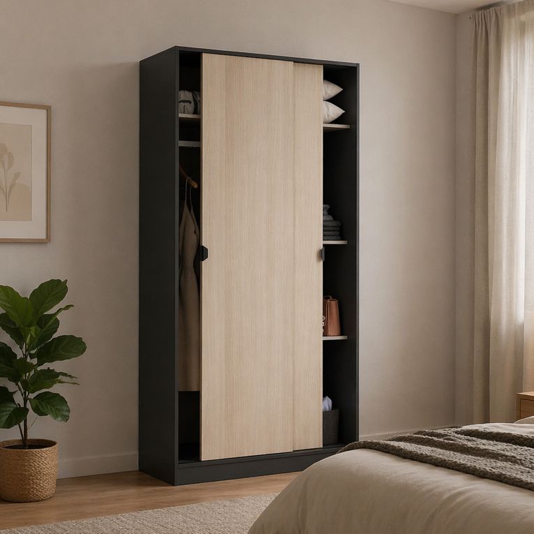 Guardaroba 2 Ante Nero Antracite Marrone Rovere 4 Ripiani Appendiabiti 100x200h cm, 2 Ante - Orgosolo