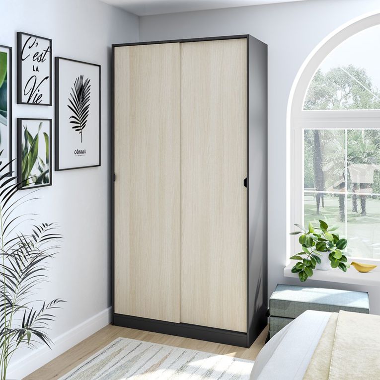Guardaroba 2 Ante Nero Antracite Marrone Rovere 4 Ripiani Appendiabiti 100x200h cm, 2 Ante - Orgosolo
