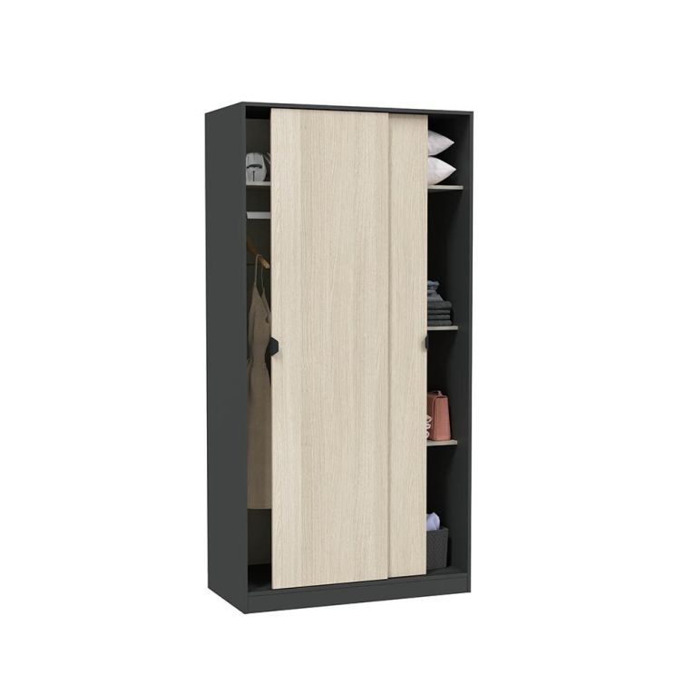 Guardaroba 2 Ante Nero Antracite Marrone Rovere 4 Ripiani Appendiabiti 100x200h cm, 2 Ante - Orgosolo