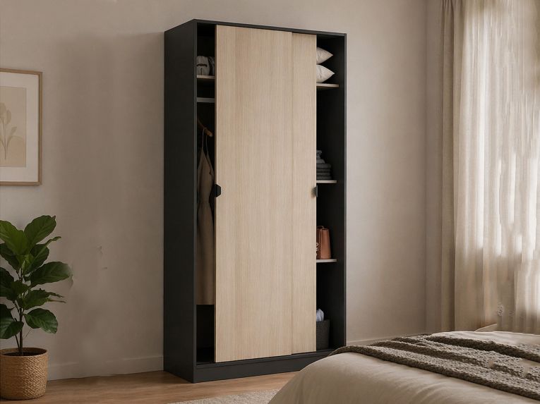 Guardaroba 2 Ante Nero Antracite Marrone Rovere 4 Ripiani Appendiabiti 100x200h cm, 2 Ante - Orgosolo