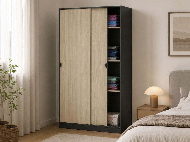 Guardaroba 2 Ante Nero Antracite Marrone Rovere 4 Ripiani Appendiabiti 120x200h cm, 2 Ante - Fiora