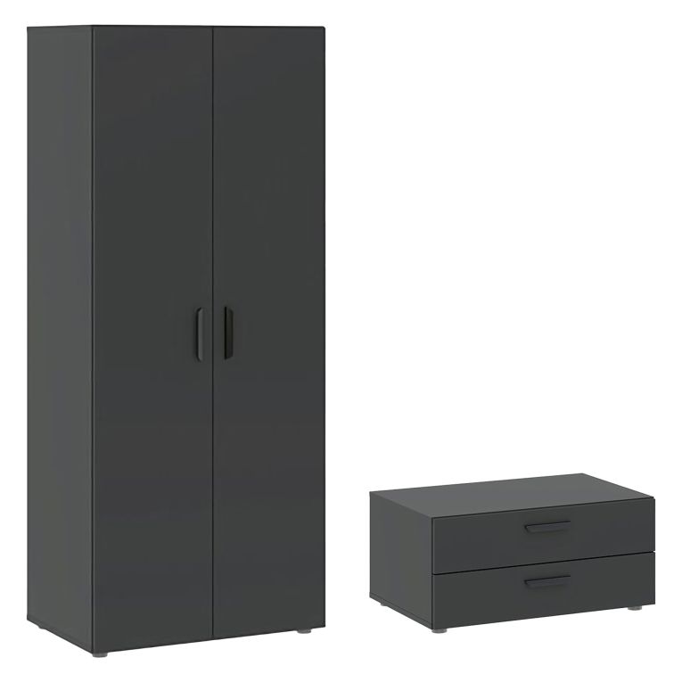 Guardaroba 2 Ante Nero Antracite Nero un Ripiano 2 Cassetti 74x214h cm, Appendiabiti - Buriasco