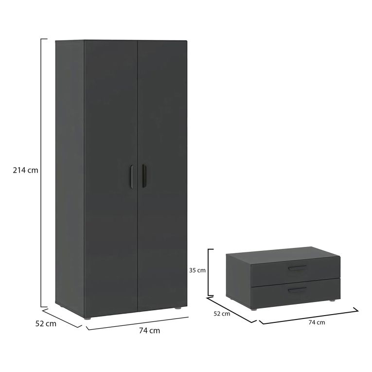 Guardaroba 2 Ante Nero Antracite Nero un Ripiano 2 Cassetti 74x214h cm, Appendiabiti - Buriasco