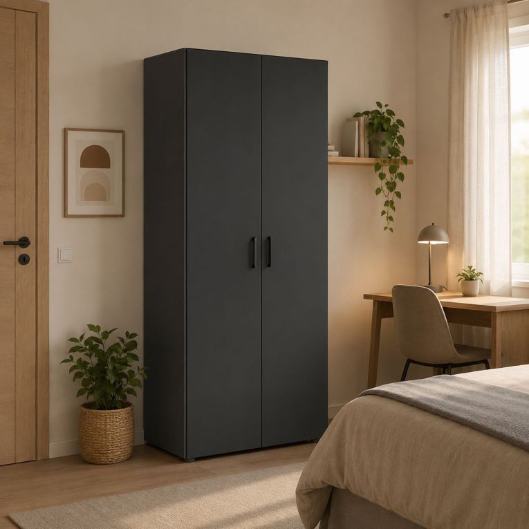 Guardaroba 2 Ante Nero Antracite un Ripiano Appendiabiti 74x179h cm, 2 Ante - Malvito