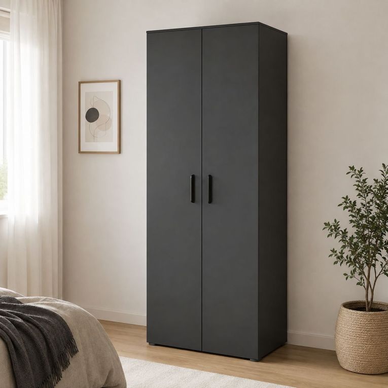 Guardaroba 2 Ante Nero Antracite un Ripiano Appendiabiti 74x179h cm, 2 Ante - Malvito