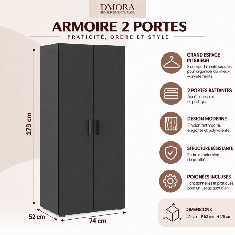 Guardaroba 2 Ante Nero Antracite un Ripiano Appendiabiti 74x179h cm, 2 Ante - Malvito