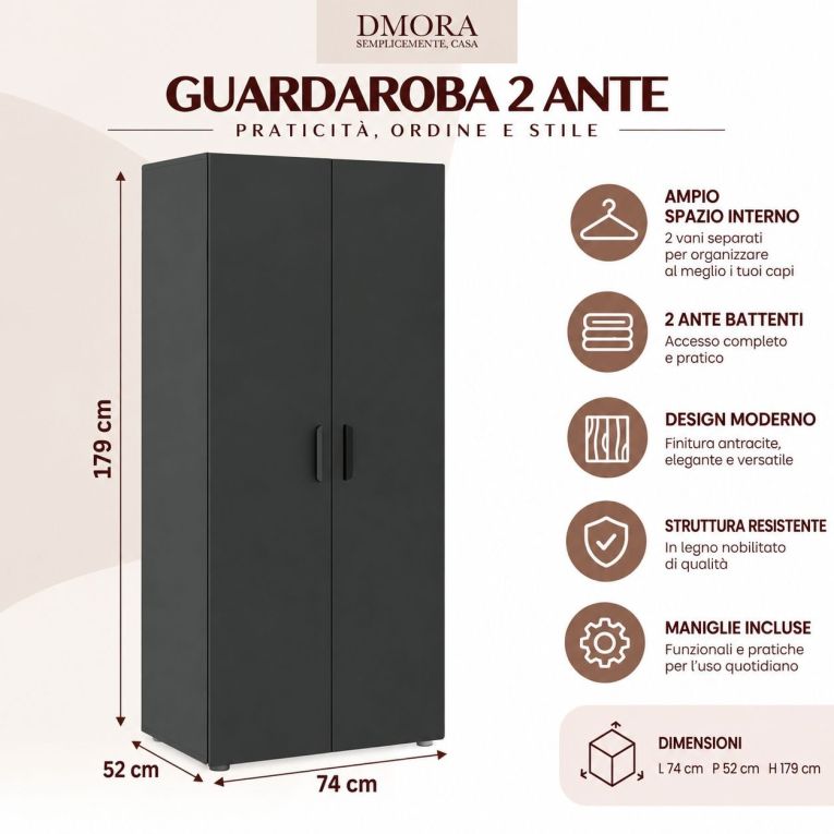 Guardaroba 2 Ante Nero Antracite un Ripiano Appendiabiti 74x179h cm, 2 Ante - Malvito