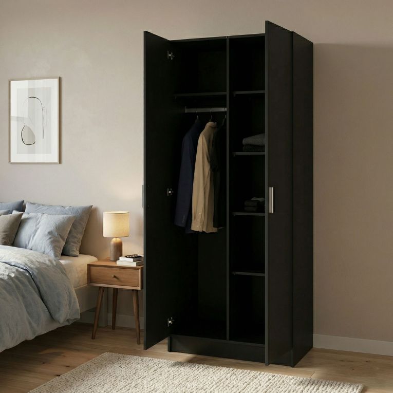 Guardaroba 2 Ante Nero Appendiabiti 5 Ripiani 78.7x200.9h cm, Apertura Battente - Argor