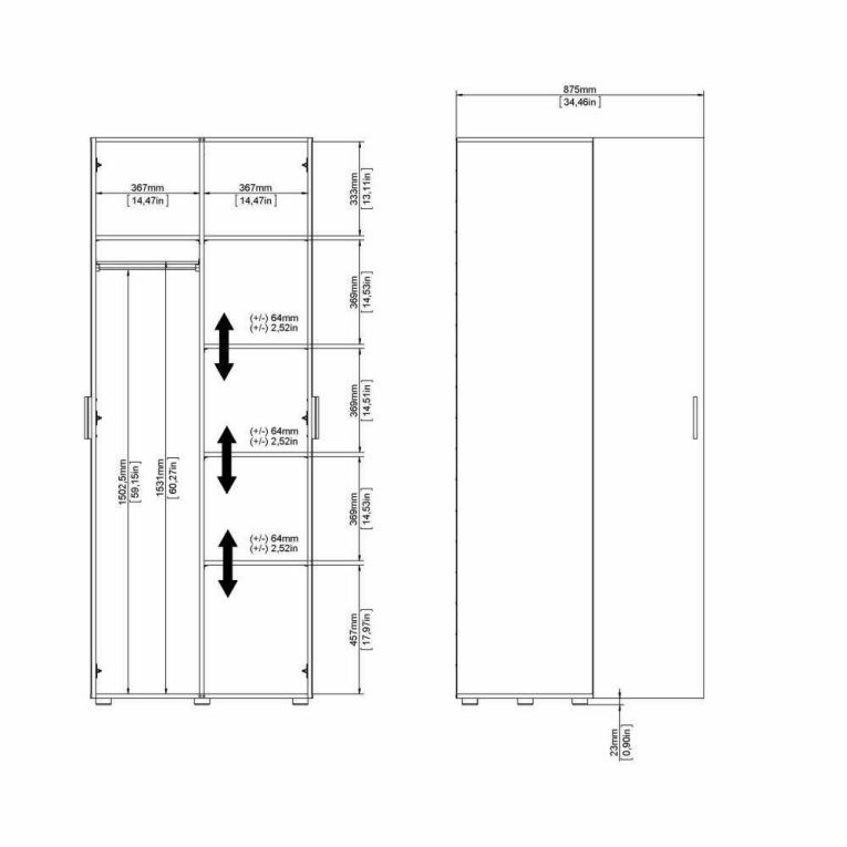 Guardaroba 2 Ante Nero Appendiabiti 5 Ripiani 78.7x200.9h cm, Apertura Battente - Argor