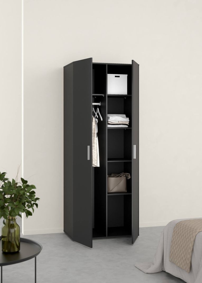 Guardaroba 2 Ante Nero Appendiabiti 5 Ripiani 78.7x200.9h cm, Apertura Battente - Argor
