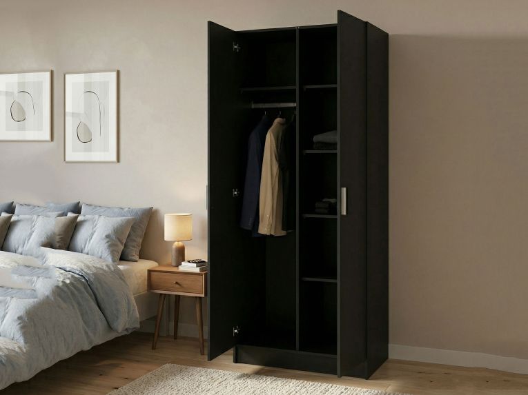 Guardaroba 2 Ante Nero Appendiabiti 5 Ripiani 78.7x200.9h cm, Apertura Battente - Argor