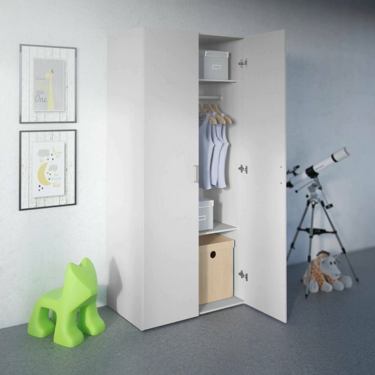 Guardaroba 2 ante Paulette, Mobile camera da letto, Cabina armadio portabiti, Armadio appendiabiti, 77x49 h175 cm, Bianco