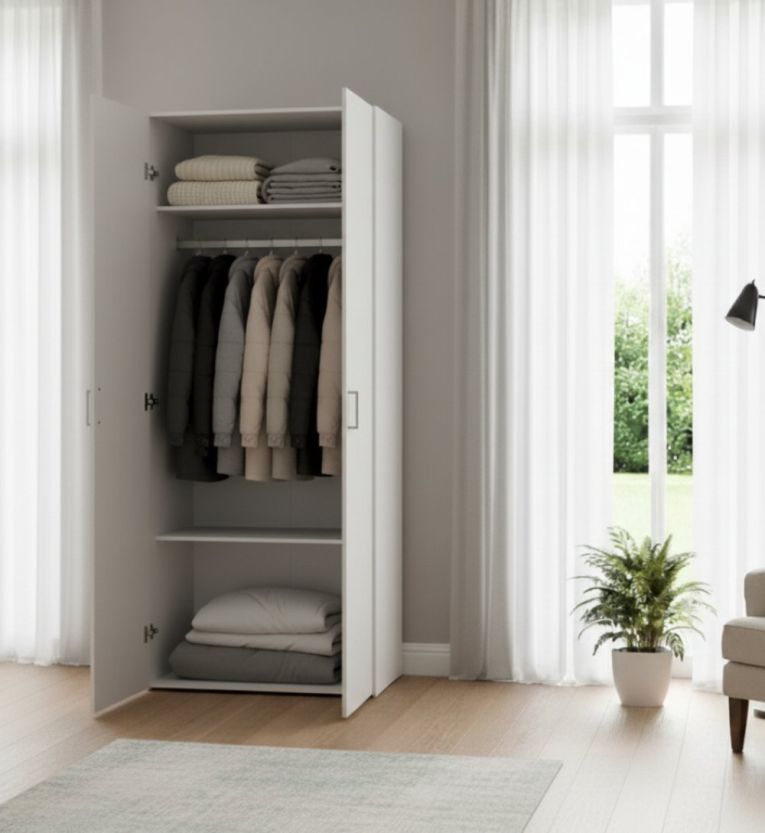 Guardaroba 2 ante Paulette, Mobile camera da letto, Cabina armadio portabiti, Armadio appendiabiti, 77x49 h175 cm, Bianco