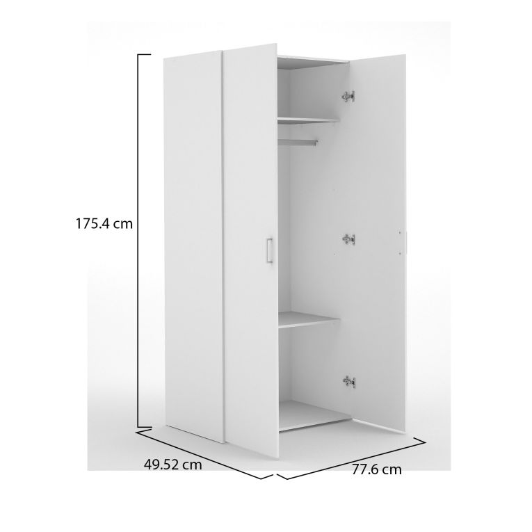 Guardaroba 2 ante Paulette, Mobile camera da letto, Cabina armadio portabiti, Armadio appendiabiti, 77x49 h175 cm, Bianco