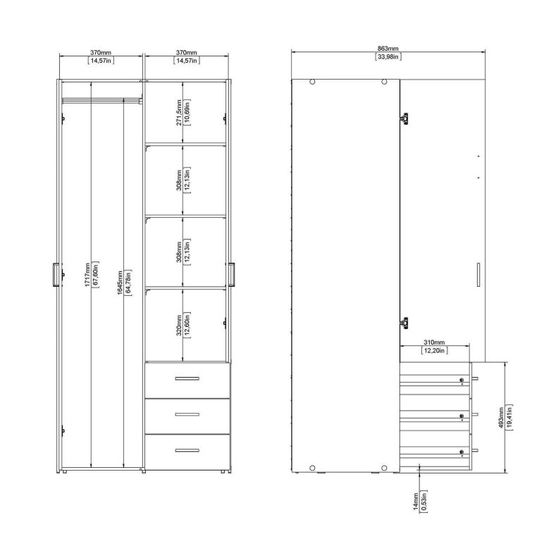 Guardaroba 2 ante Prisca, Mobile camera da letto, Cabina armadio portabiti, Armadio appendiabiti, 77x49 h175 cm, Bianco