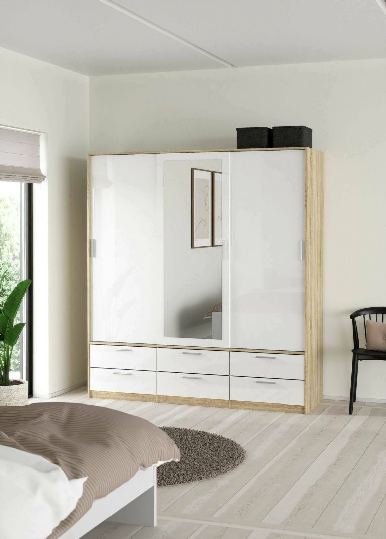 Guardaroba 3 ante Anabelle, Mobile camera da letto, Cabina armadio portabiti, Armadio appendiabiti, 181x60 h200 cm, Quercia e Bianco