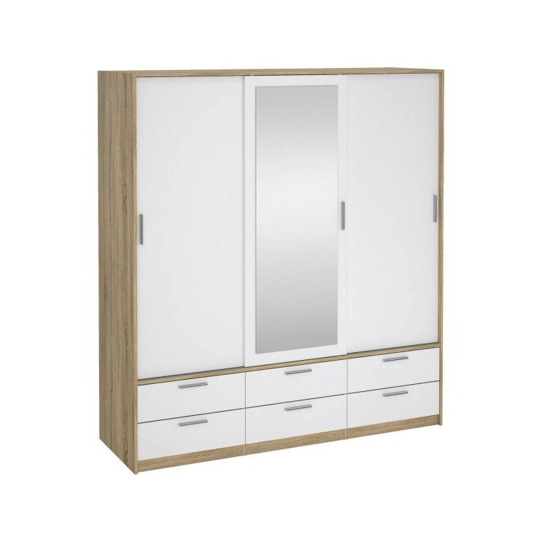 Guardaroba 3 ante Anabelle, Mobile camera da letto, Cabina armadio portabiti, Armadio appendiabiti, 181x60 h200 cm, Quercia e Bianco