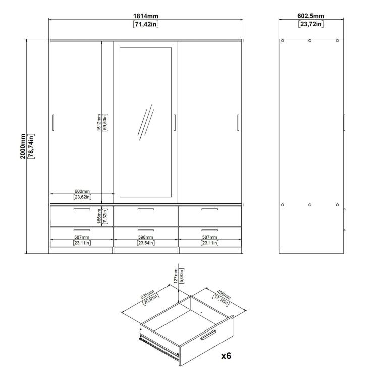 Guardaroba 3 ante Anabelle, Mobile camera da letto, Cabina armadio portabiti, Armadio appendiabiti, 181x60 h200 cm, Quercia e Bianco