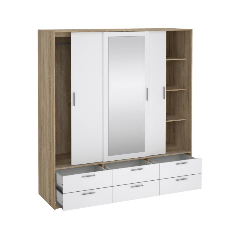 Guardaroba 3 ante Anabelle, Mobile camera da letto, Cabina armadio portabiti, Armadio appendiabiti, 181x60 h200 cm, Quercia e Bianco