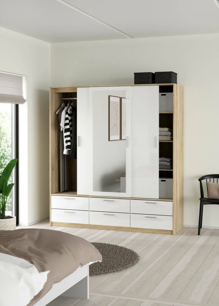 Guardaroba 3 ante Anabelle, Mobile camera da letto, Cabina armadio portabiti, Armadio appendiabiti, 181x60 h200 cm, Quercia e Bianco