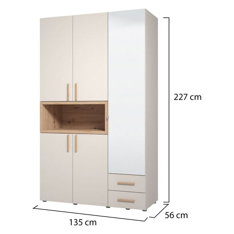 Guardaroba 3 Ante Beige Marrone Rovere Nodi Appendiabiti 2 Cassetti 134.5x56 cm, 6 Ripiani - Pianezze