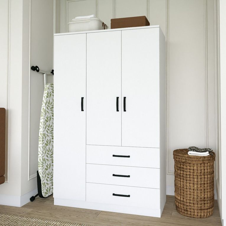 Guardaroba 3 Ante Bianco 3 Ripiani 3 Cassetti 90x47 cm, Appendiabiti - Valdengo