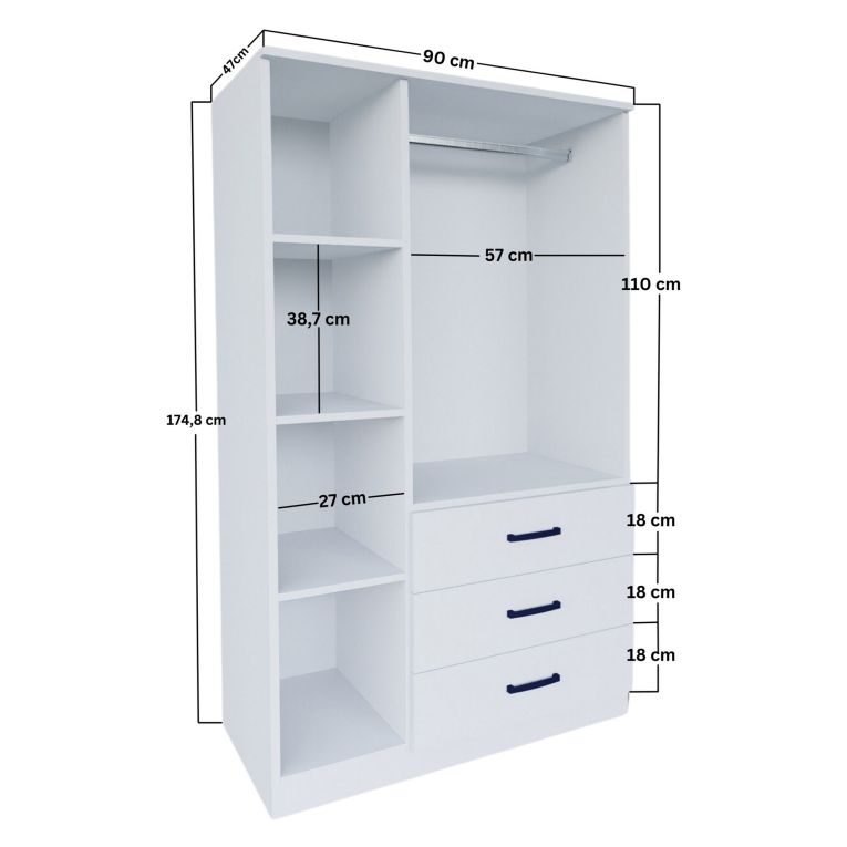 Guardaroba 3 Ante Bianco 3 Ripiani 3 Cassetti 90x47 cm, Appendiabiti - Valdengo