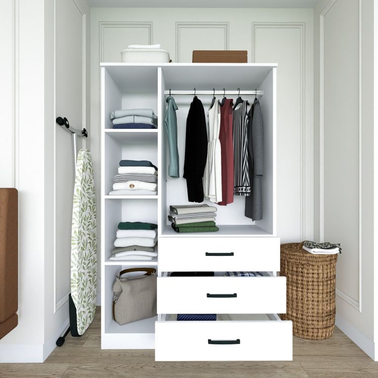 Guardaroba 3 Ante Bianco 3 Ripiani 3 Cassetti 90x47 cm, Appendiabiti - Valdengo