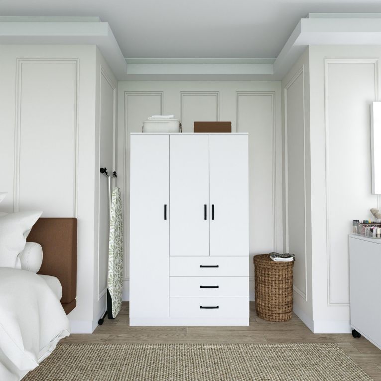 Guardaroba 3 Ante Bianco 3 Ripiani 3 Cassetti 90x47 cm, Appendiabiti - Valdengo
