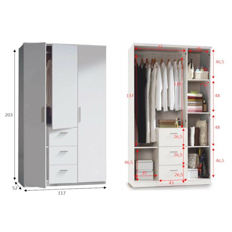 Guardaroba 3 Ante Bianco 4 Ripiani Appendiabiti 117x52 cm, 3 Cassetti - Anama