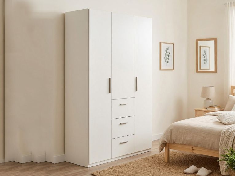 Guardaroba 3 Ante Bianco 4 Ripiani Appendiabiti 117x52 cm, 3 Cassetti - Anama