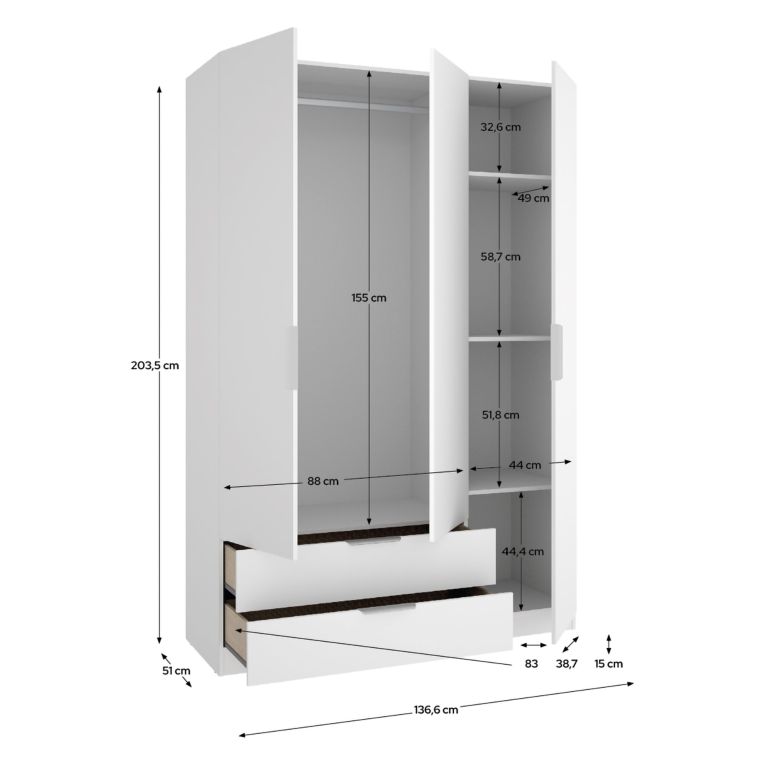 Guardaroba 3 Ante Bianco Appendiabiti 2 Cassetti 51x137 cm, 3 Ripiani - Mayos