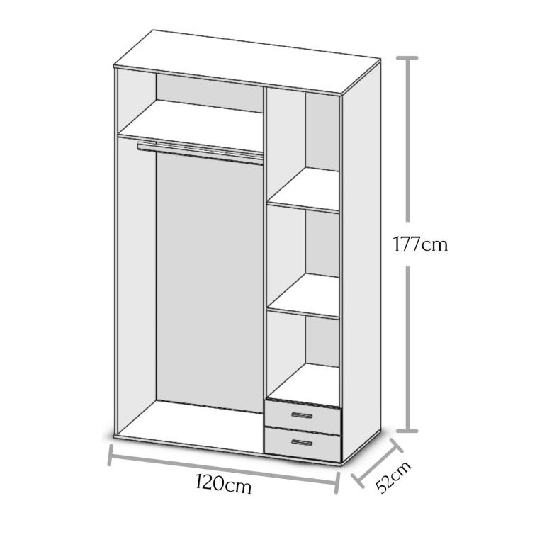 Guardaroba 3 Ante Bianco Appendiabiti 3 Ripiani 120x51 cm, 2 Cassetti - Toce