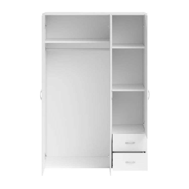 Guardaroba 3 Ante Bianco Appendiabiti 3 Ripiani 120x51 cm, 2 Cassetti - Toce