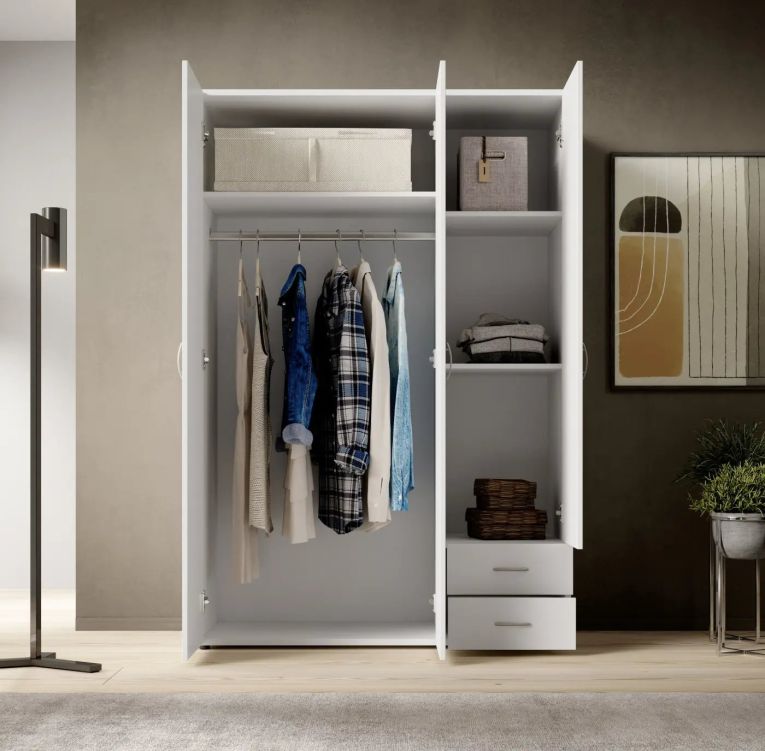 Guardaroba 3 Ante Bianco Appendiabiti 3 Ripiani 120x51 cm, 2 Cassetti - Toce