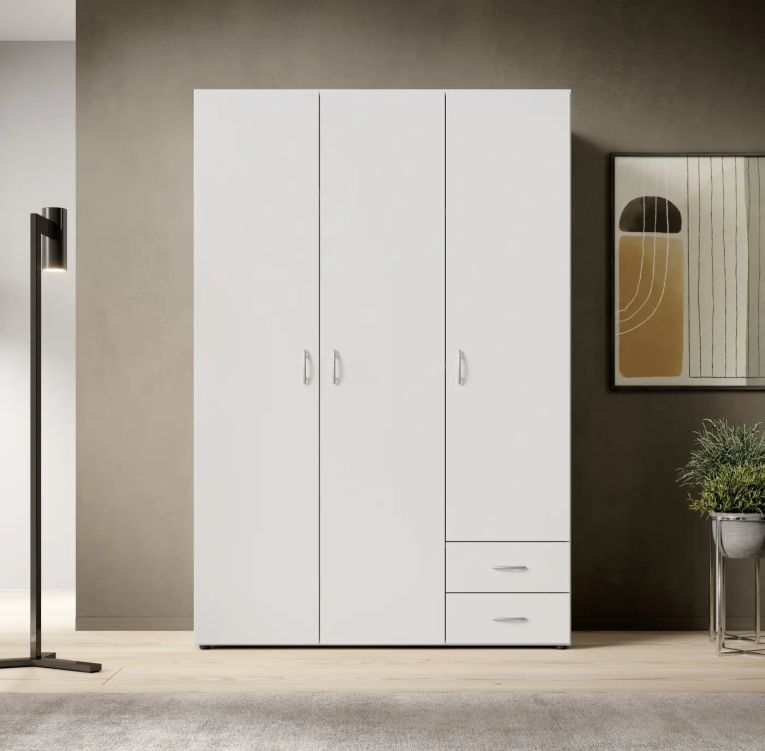 Guardaroba 3 Ante Bianco Appendiabiti 3 Ripiani 120x51 cm, 2 Cassetti - Toce