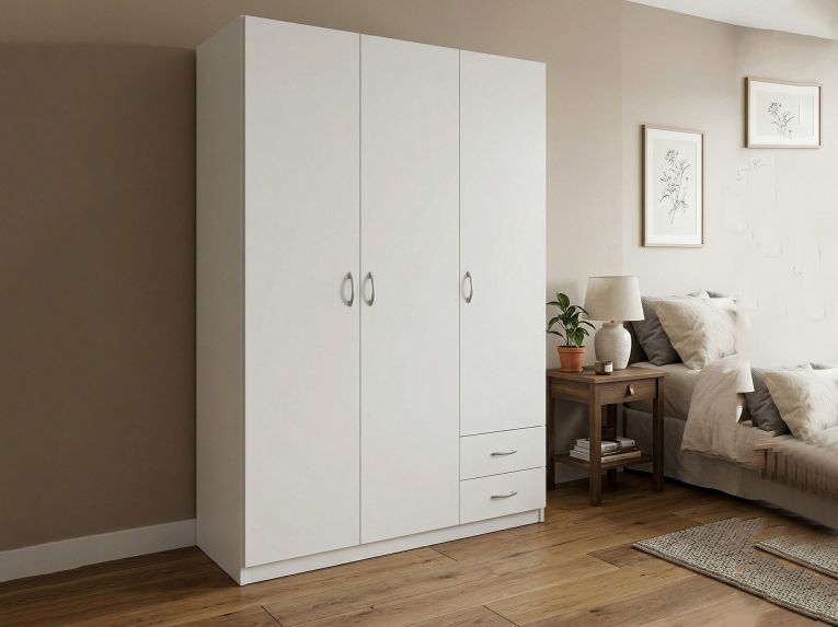 Guardaroba 3 Ante Bianco Appendiabiti 3 Ripiani 120x51 cm, 2 Cassetti - Toce