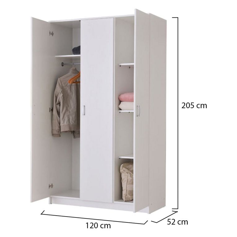 Guardaroba 3 Ante Bianco Appendiabiti 4 Ripiani 120x52 cm, 3 Ante - Licodia