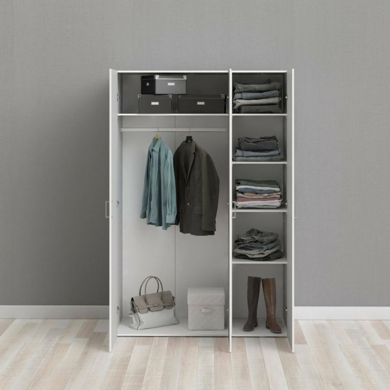 Guardaroba 3 Ante Bianco Appendiabiti 5 Ripiani 115x49 cm, Apertura Battente - Ruffano