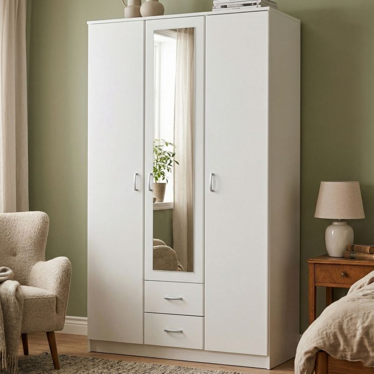 Guardaroba 3 Ante Bianco Bianco 4 Ripiani 2 Cassetti 120x52 cm, Appendiabiti - Crati