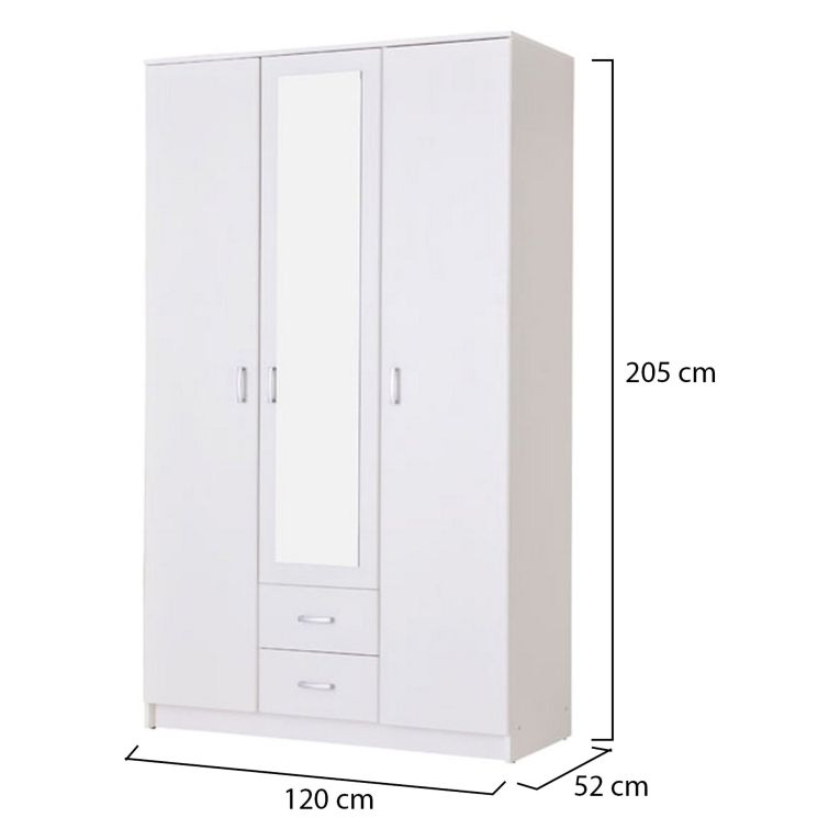 Guardaroba 3 Ante Bianco Bianco 4 Ripiani 2 Cassetti 120x52 cm, Appendiabiti - Crati