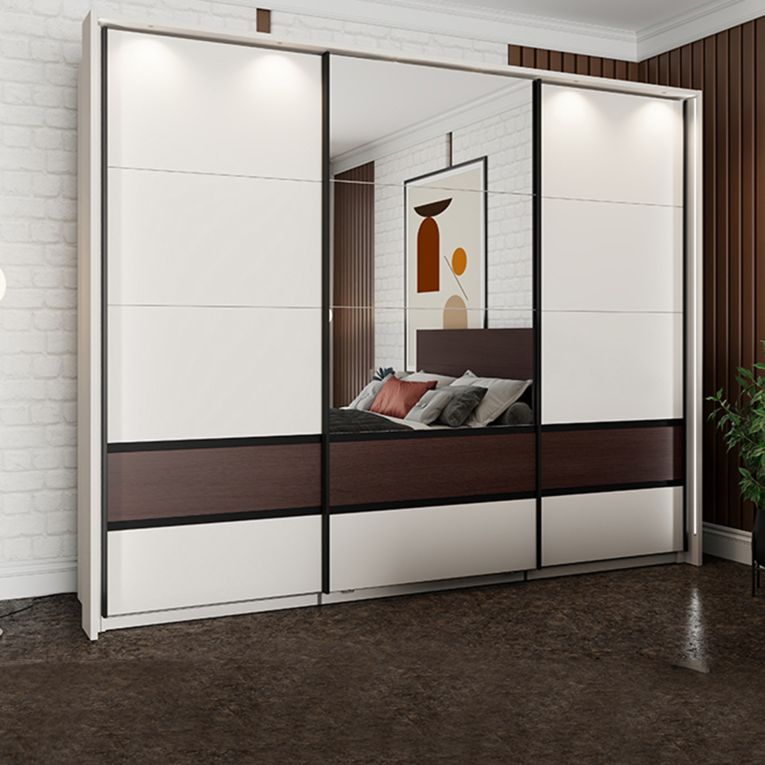 Guardaroba 3 Ante Bianco Crema Marrone Noce 3 Ripiani Appendiabiti 267x62 cm, Apertura Scorrevole - Sapa