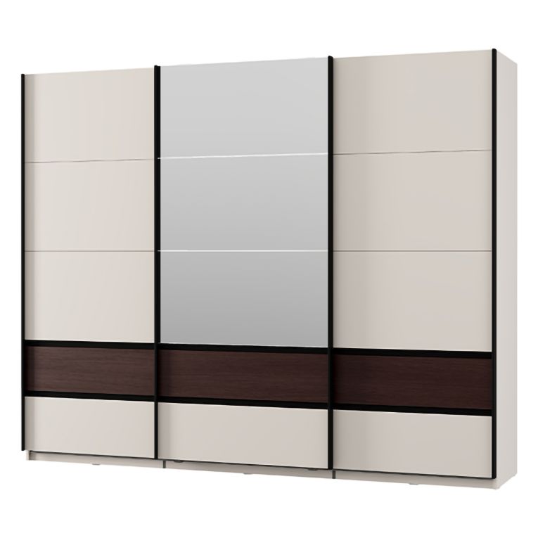 Guardaroba 3 Ante Bianco Crema Marrone Noce 3 Ripiani Appendiabiti 267x62 cm, Apertura Scorrevole - Sapa