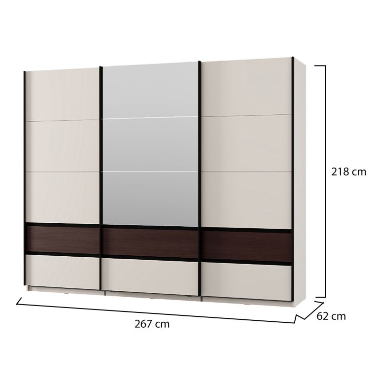 Guardaroba 3 Ante Bianco Crema Marrone Noce 3 Ripiani Appendiabiti 267x62 cm, Apertura Scorrevole - Sapa