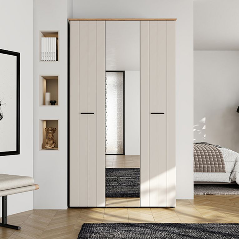 Guardaroba 3 Ante Bianco Crema Marrone Rovere 4 Ripiani Appendiabiti 117x54 cm, Apertura Battente - Bhakta