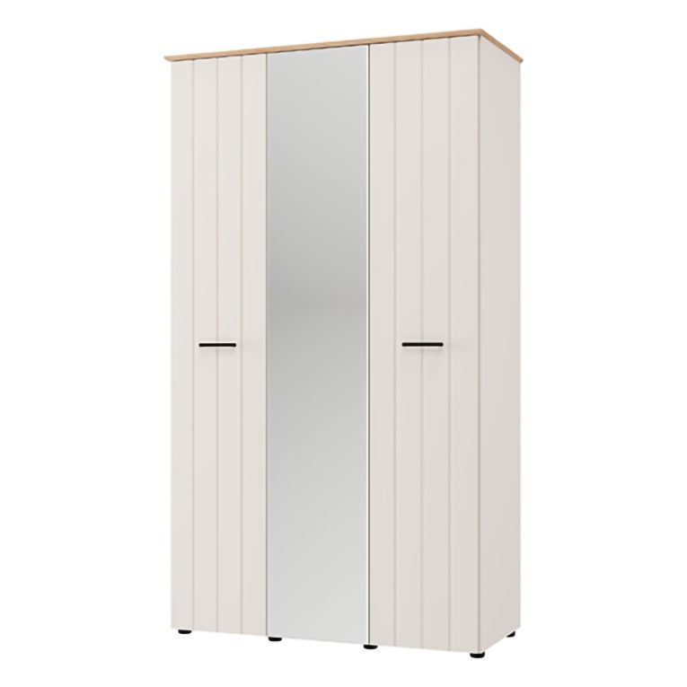 Guardaroba 3 Ante Bianco Crema Marrone Rovere 4 Ripiani Appendiabiti 117x54 cm, Apertura Battente - Bhakta