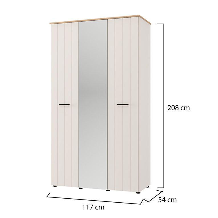 Guardaroba 3 Ante Bianco Crema Marrone Rovere 4 Ripiani Appendiabiti 117x54 cm, Apertura Battente - Bhakta