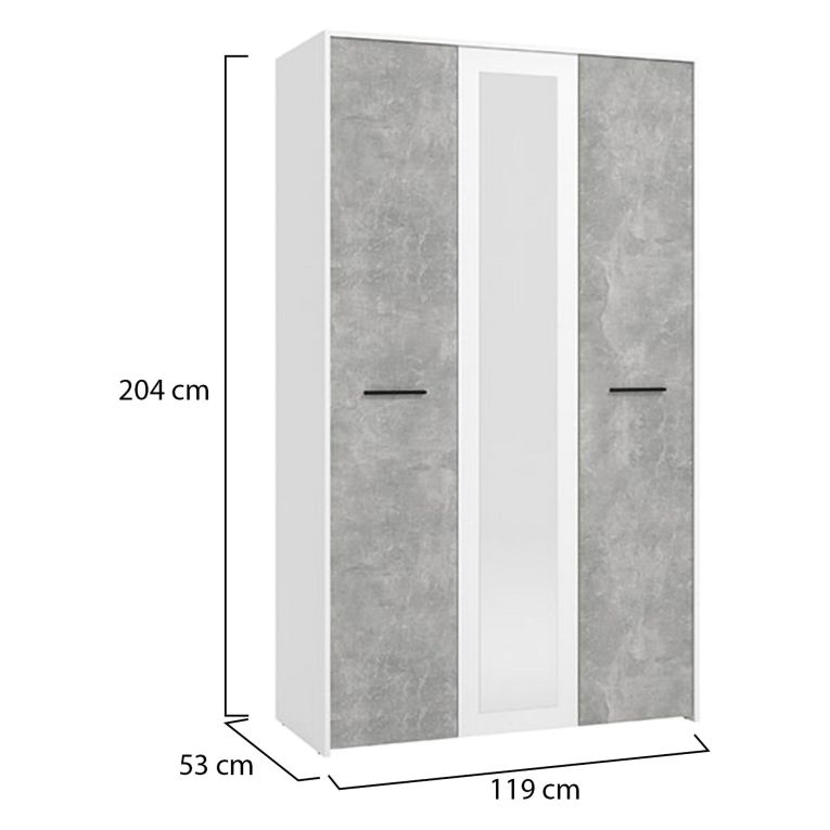 Guardaroba 3 Ante Bianco Grigio Cemento Appendiabiti 5 Ripiani 119x53 cm, 3 Ante - Lavagno
